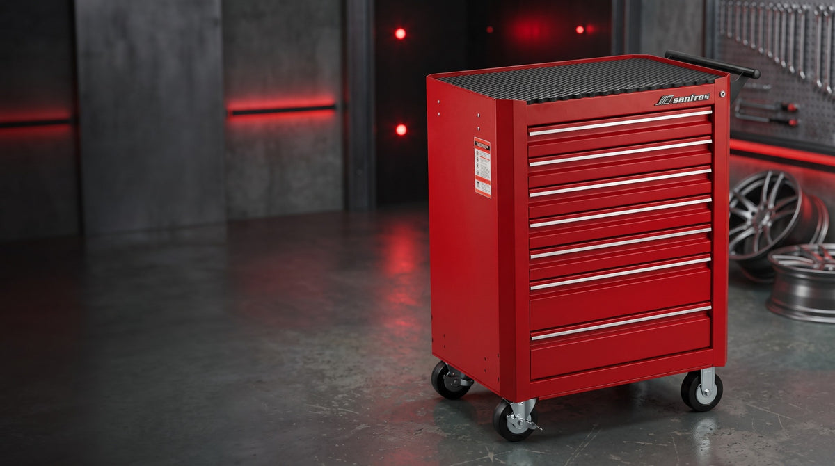SANFROS red tool cart in a dark workshop with red ambient lighting